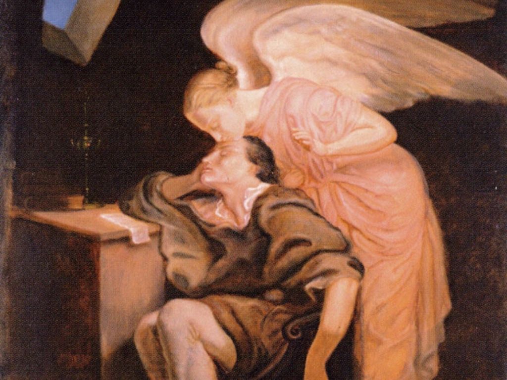 Inspiration: Ein Engel beugt sich von hinten über einen Autor am Schreibtisch und küsst ihn auf die Stirn. Ausschnitt aus dem Bild Der Kuss der Muse von Paul Cezanne.