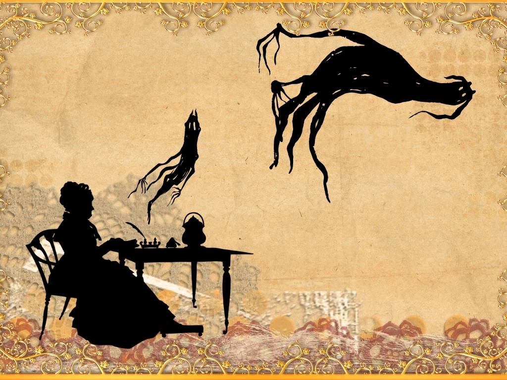 Collage. Schattenriss einer eleganten Dame am Schreibtisch. Aus ihrem Tintenfass schweiben Geister heraus.